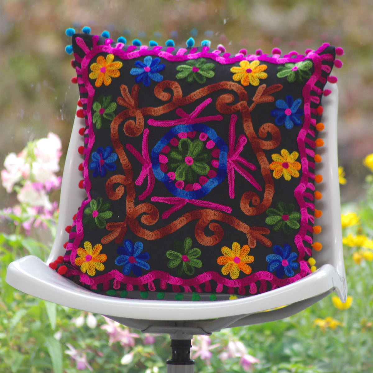 Decorative Suzani Floral Print & Woolen Embroidered Cotton Cushion Cover With Pom Pom