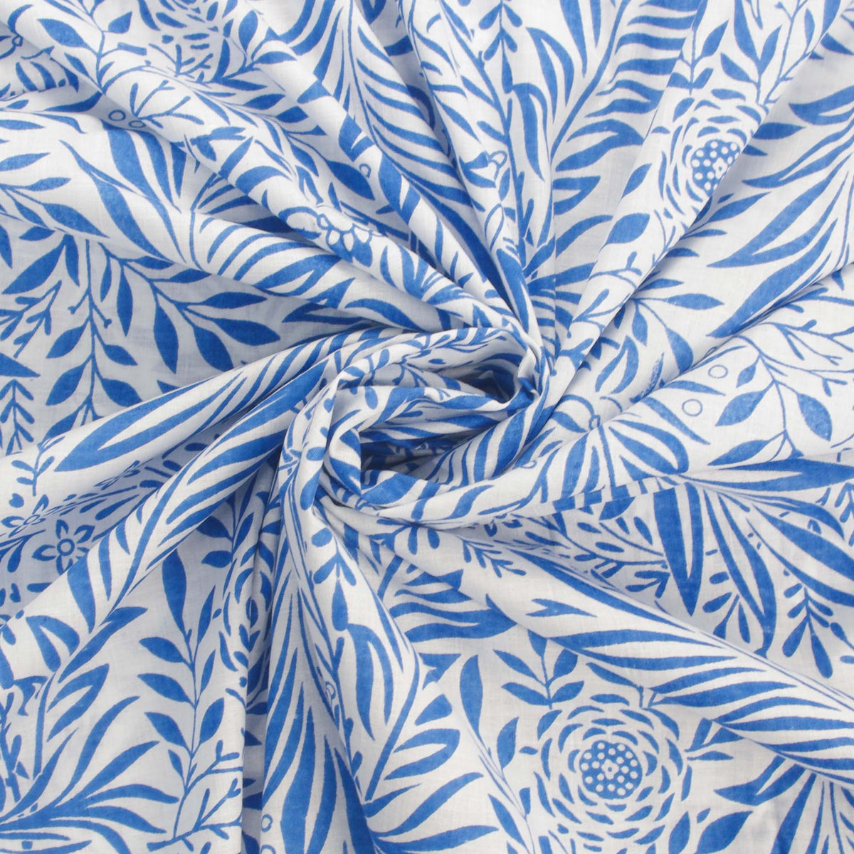 White & Blue Floral Hand Block Printed Cotton Fabric Design 453