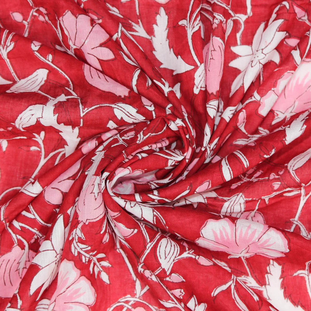 Indian Hand Block 100% Cotton Voile Pink Flemingo Flowers On Red Women Dress Fabric Design 455