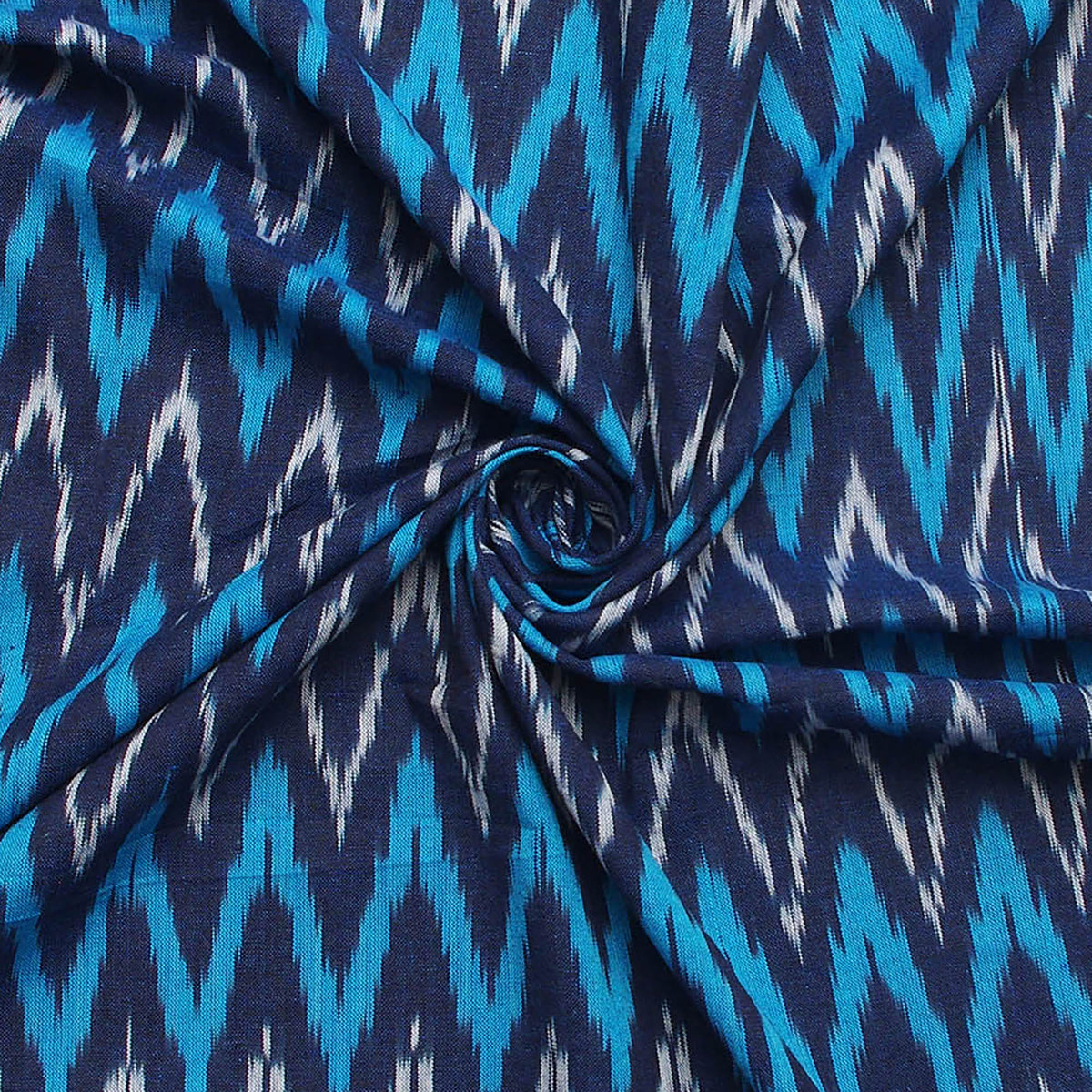 Ikat Hand Woven Cotton Fabric Design - Navy Blue With Zig Zag Weaves