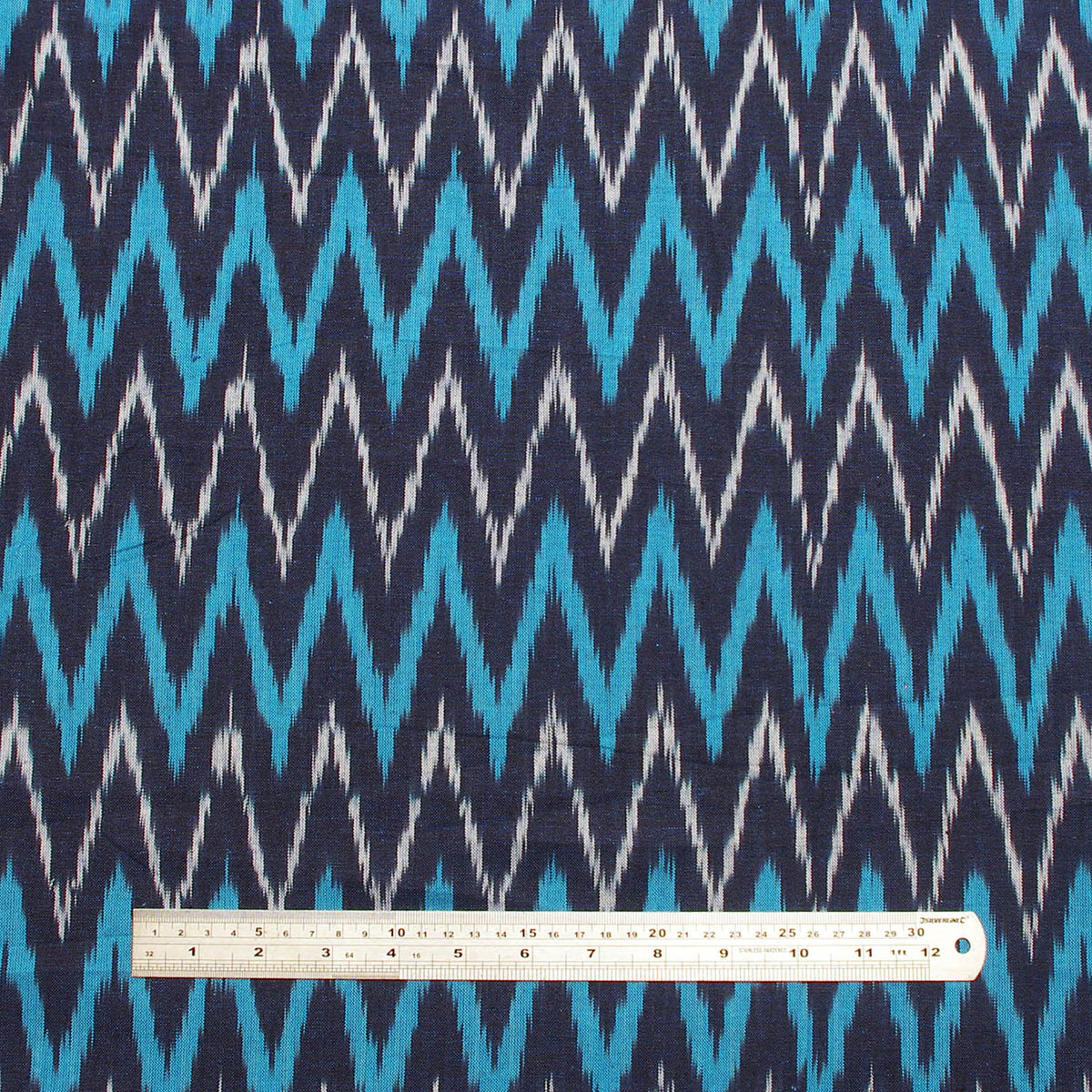 Ikat Hand Woven Cotton Fabric Design - Navy Blue With Zig Zag Weaves