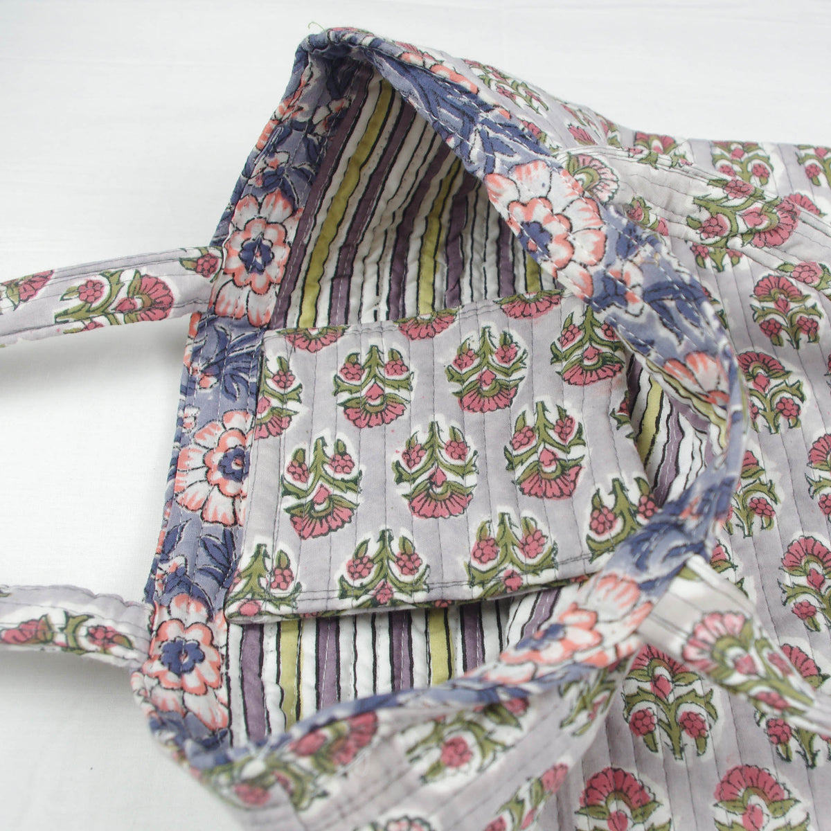 Cotton Quilted Hand Block Print Tote Bag -Grey Floral Motif