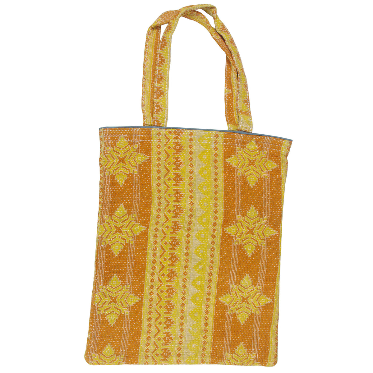 Vintage Fine Kantha Stitched Cotton Tote Bag- Brown Yellow