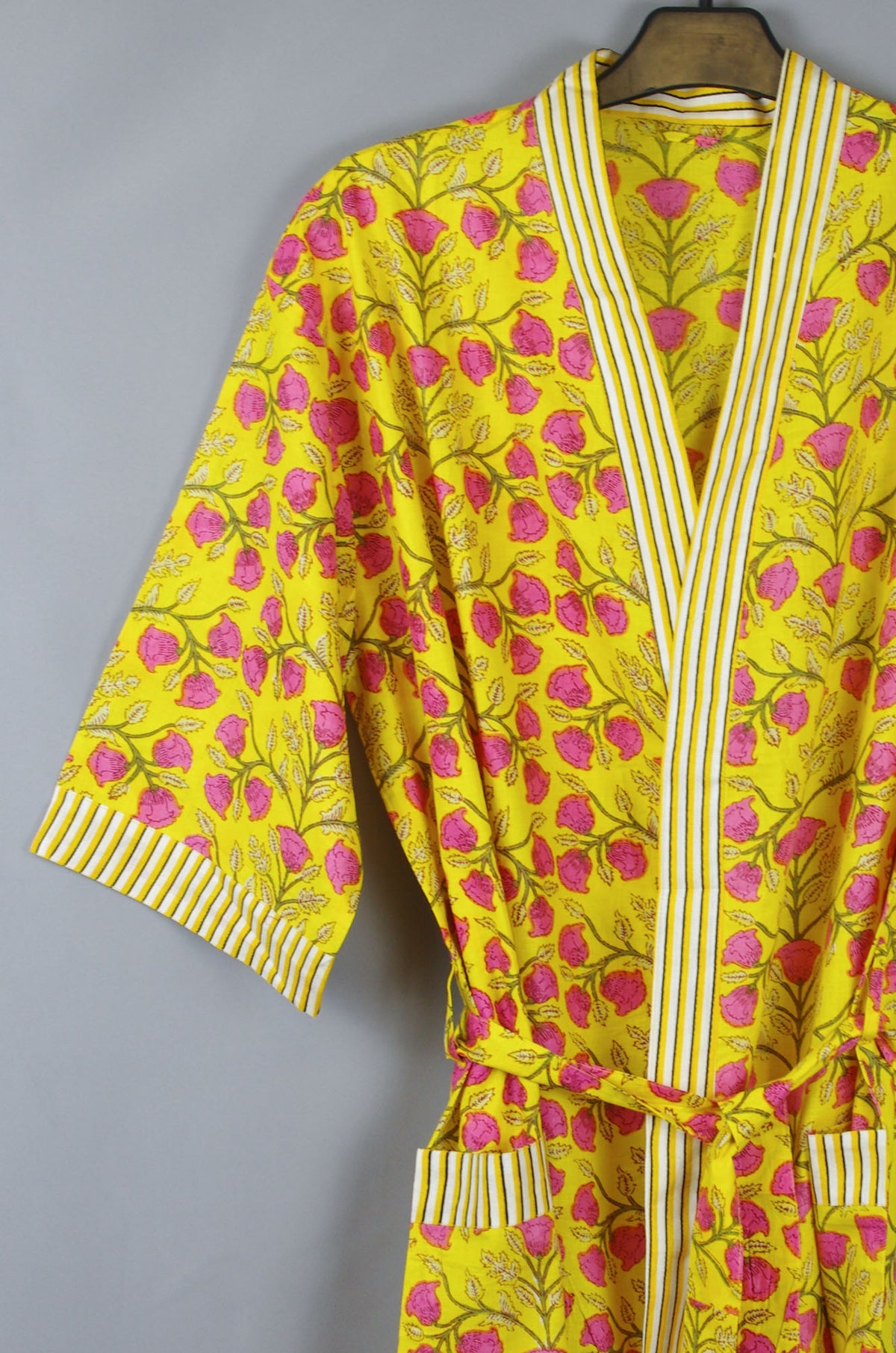 Pink Bells On Yellow Base Long Cotton Kimono Dressing Gown