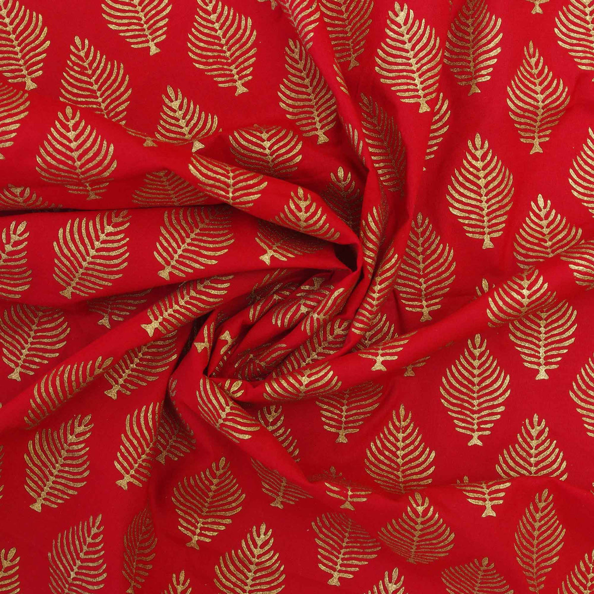 Indian Block Print Red Gold Winter Leaf 100% Cotton Fabric Design 140