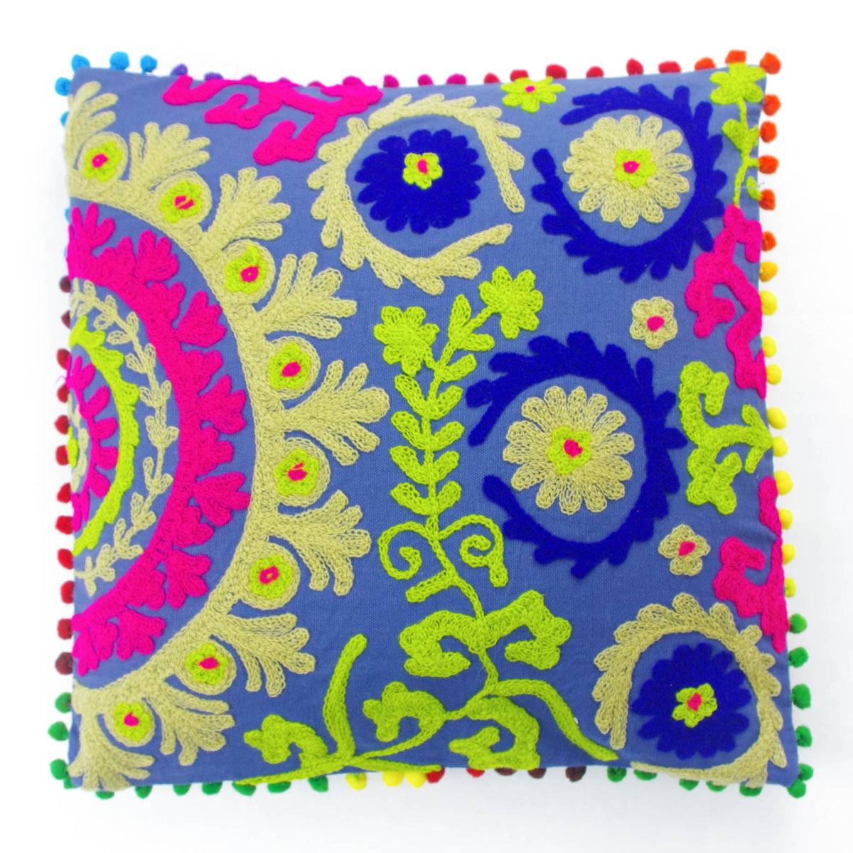 Decorative Suzani Floral Print & Woolen Embroidered Cotton Cushion Cover With Pom Pom