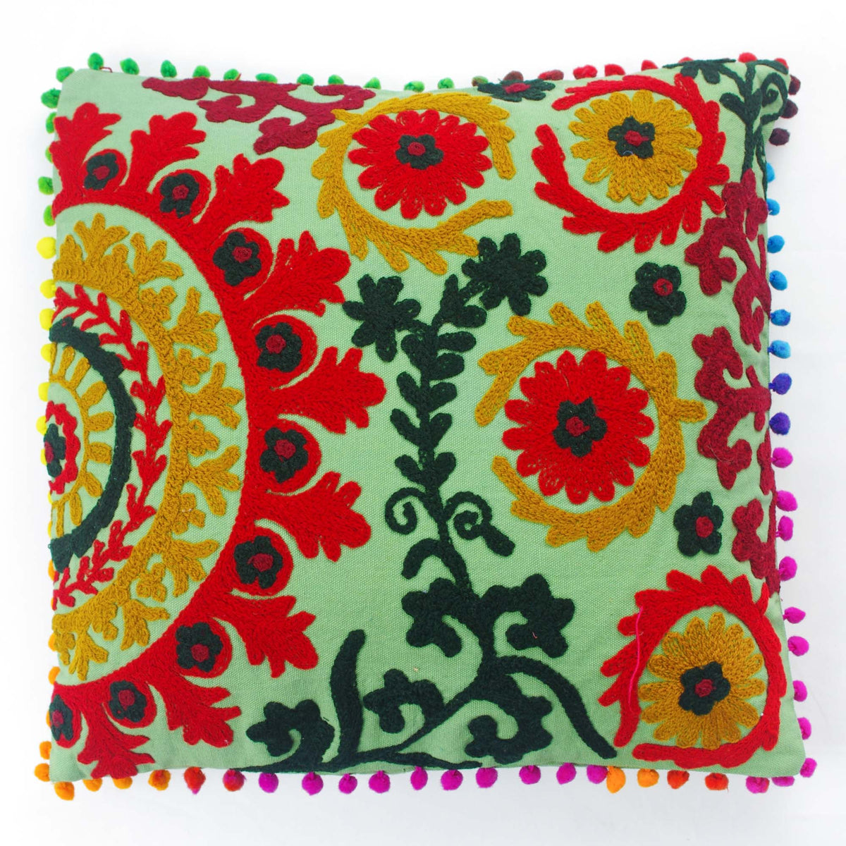 Decorative Suzani Floral Print & Woolen Embroidered Cotton Cushion Cover With Pom Pom