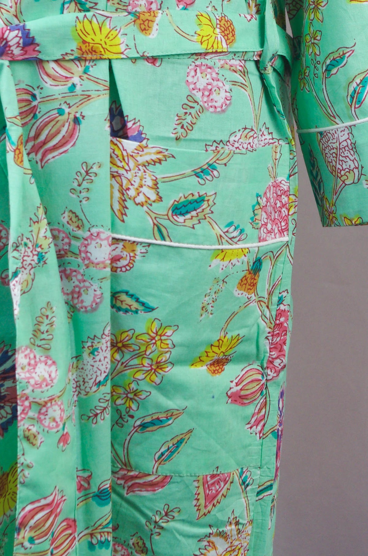 Mint Wild Flowers Cotton Kimono Dressing Gown