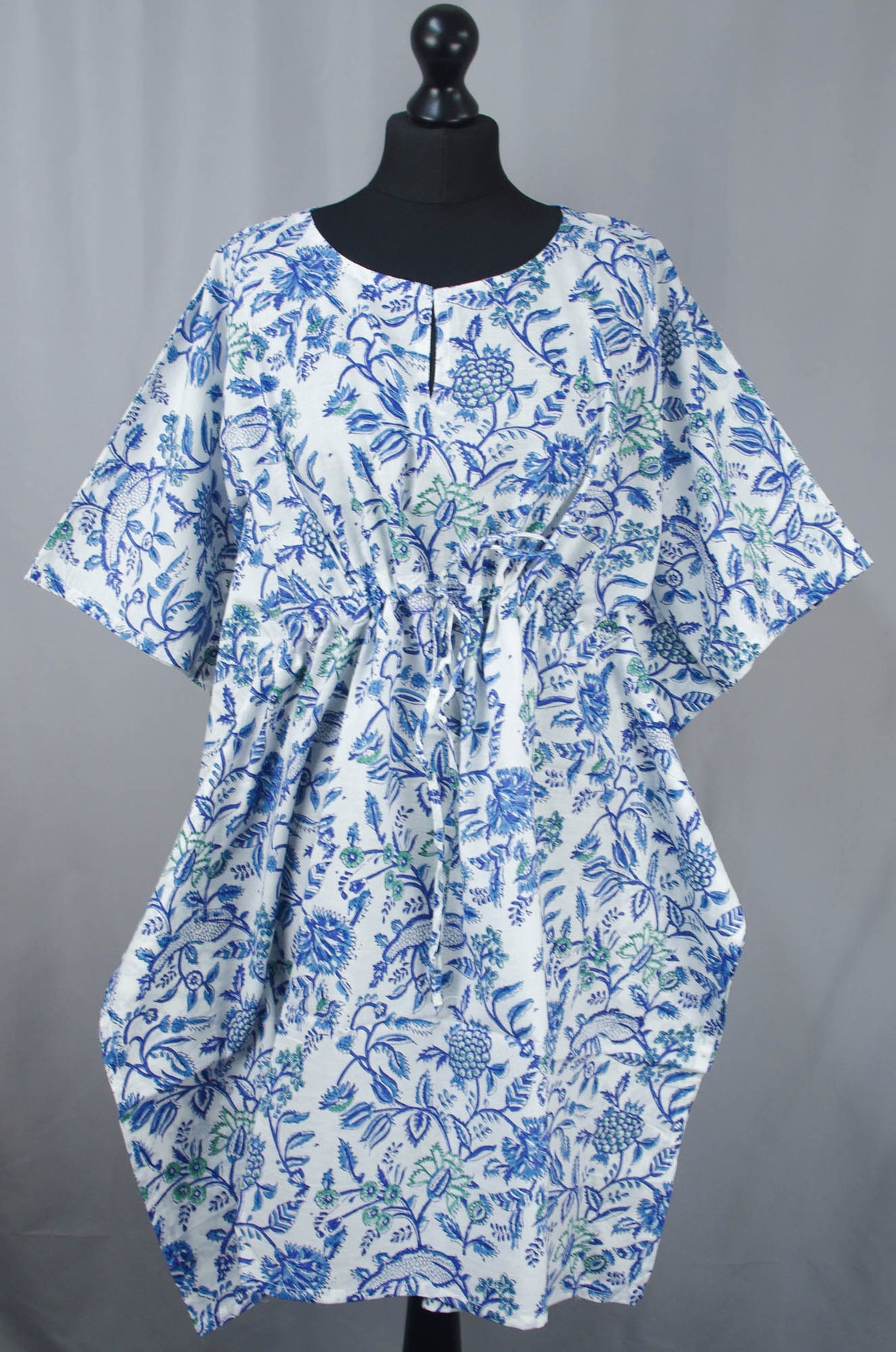 Block Printed Cotton Coverup / Kaftans - White Blue Wildflowers