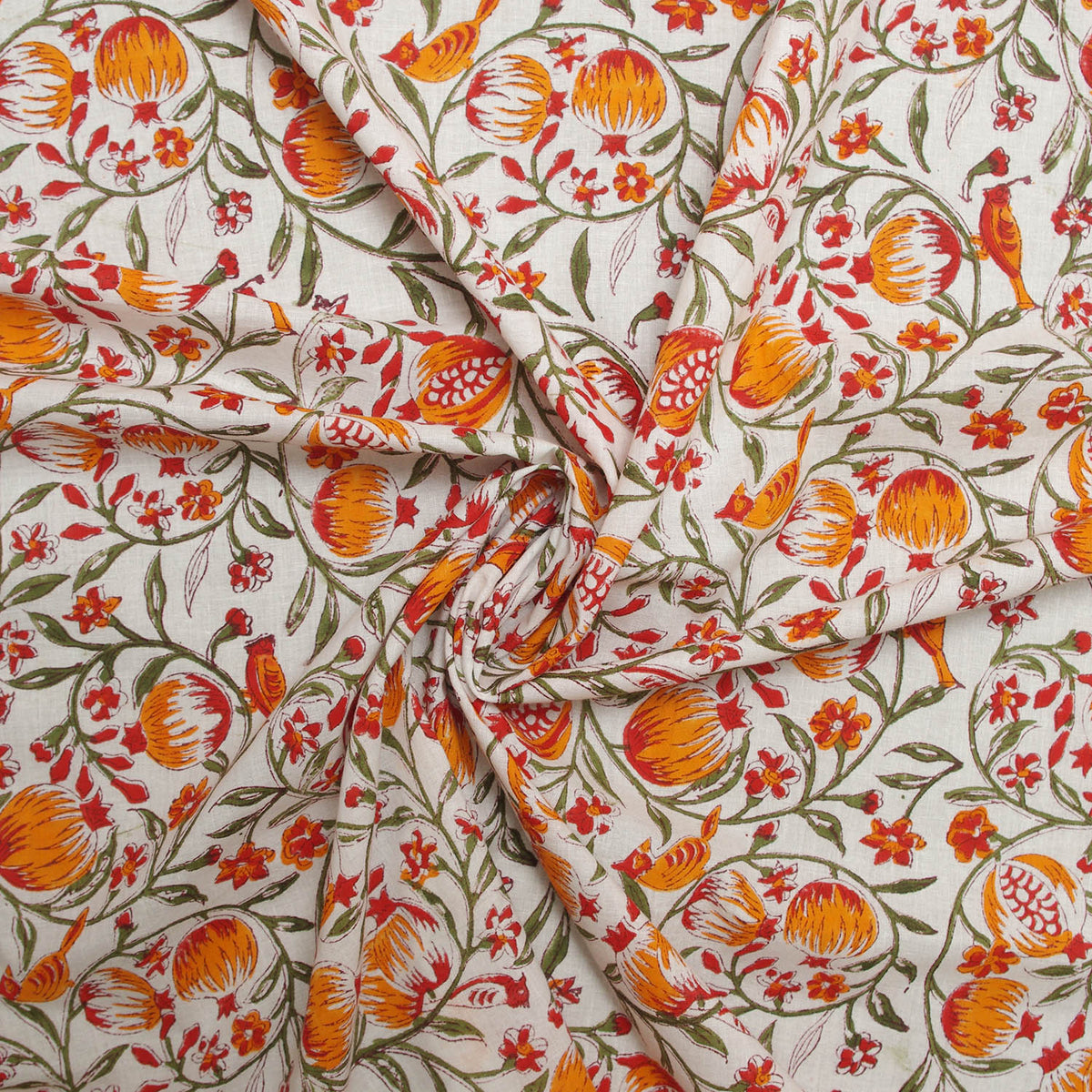 Indian Hand Block 100% Cotton Tropical Birds & Fruits Women Dress Fabric Design 112