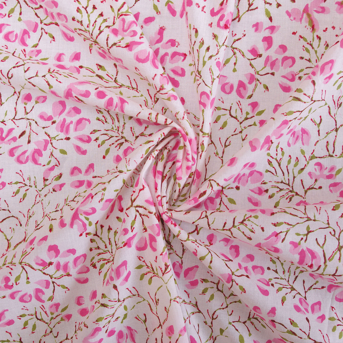 Indian Hand Block 100% Cotton Pink White Floral Women Dress Fabric Design 95