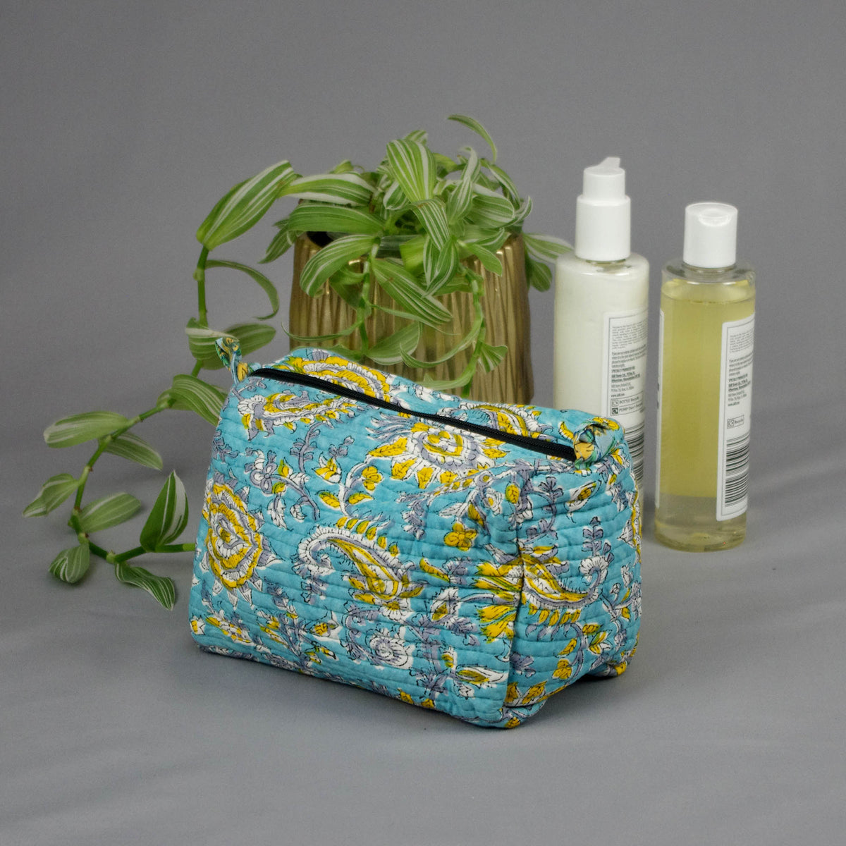Block Print Quilted Toiletry Bag - Blue Paisley