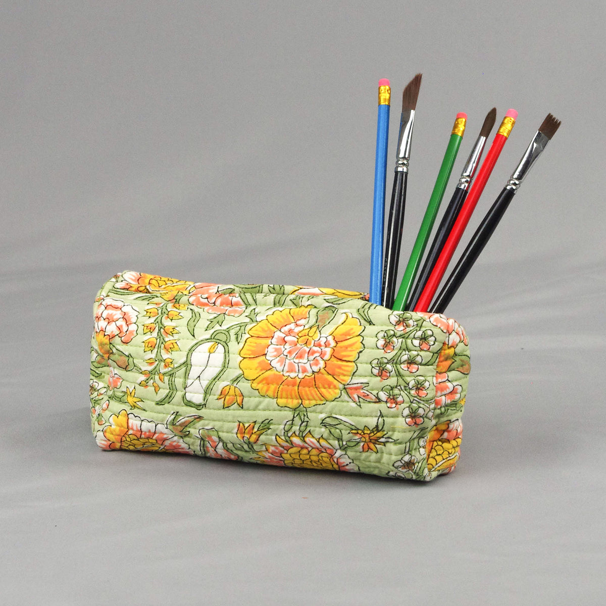 Block Print Makeup Pouch or Pencil Case- Marigold Pista Green