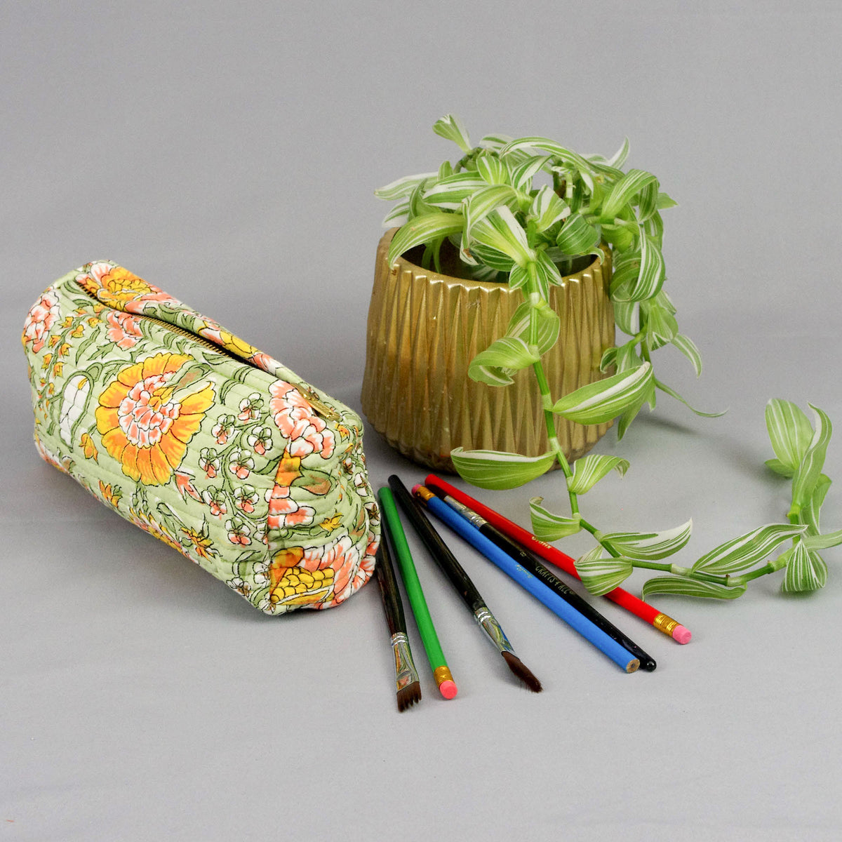 Block Print Makeup Pouch or Pencil Case- Marigold Pista Green