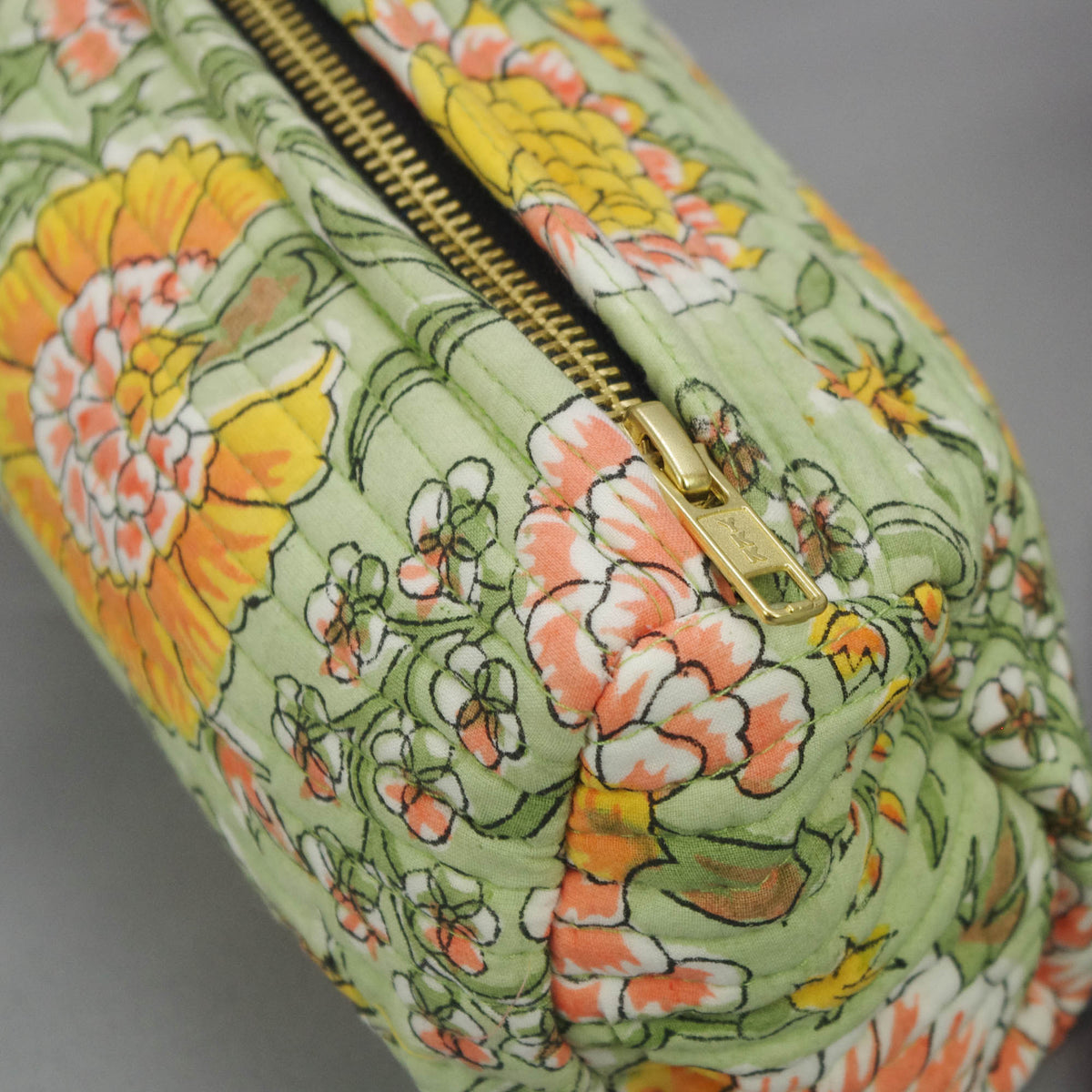 Block Print Makeup Pouch or Pencil Case- Marigold Pista Green