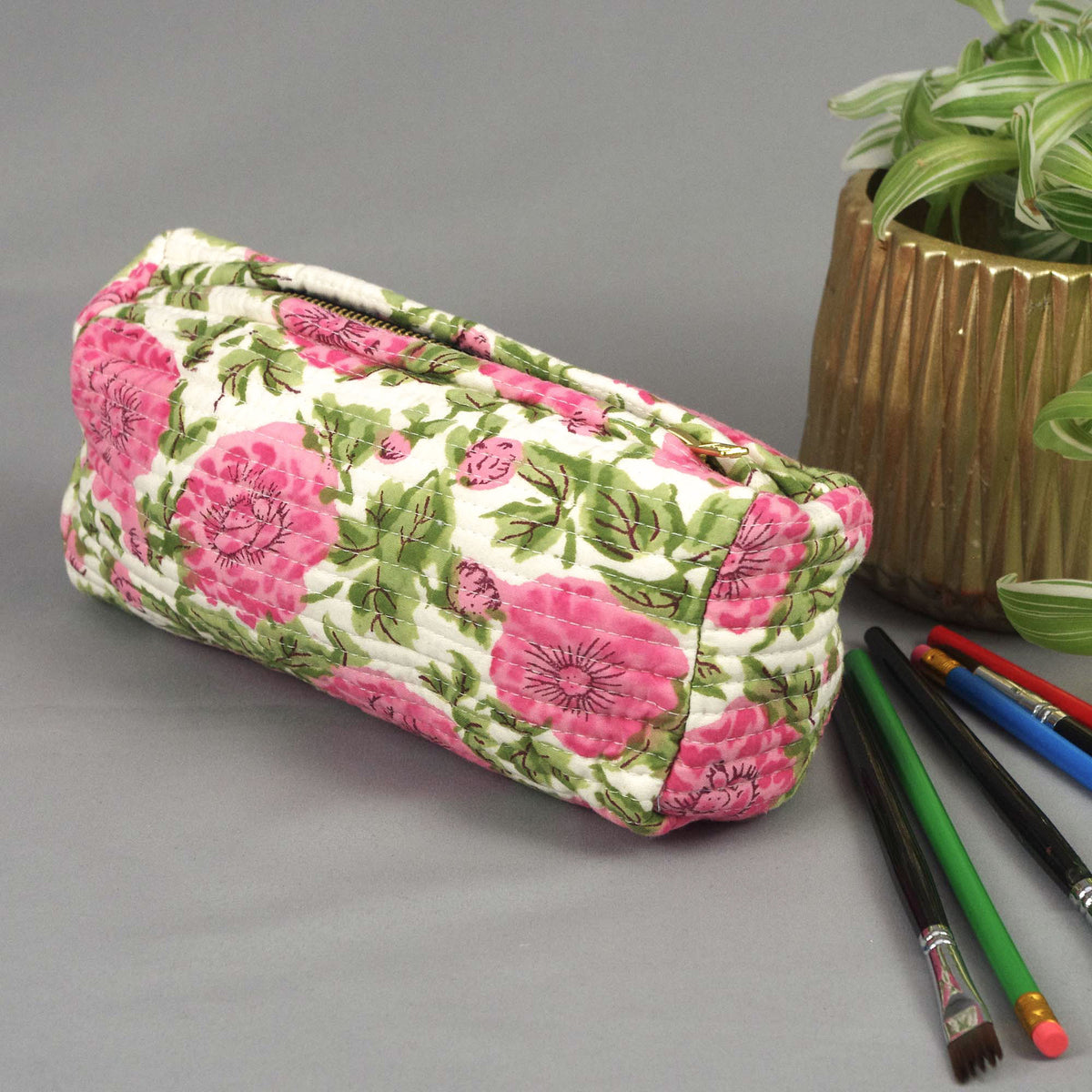 Make-up-Etui oder Federmäppchen mit Blockdruck - Pink Floral