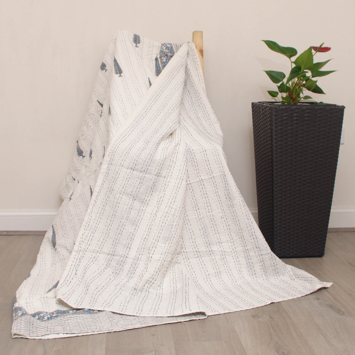Block Printed Grey Blue Cypress Trees Pattern Queen Indian Kantha Quilt Bedspread