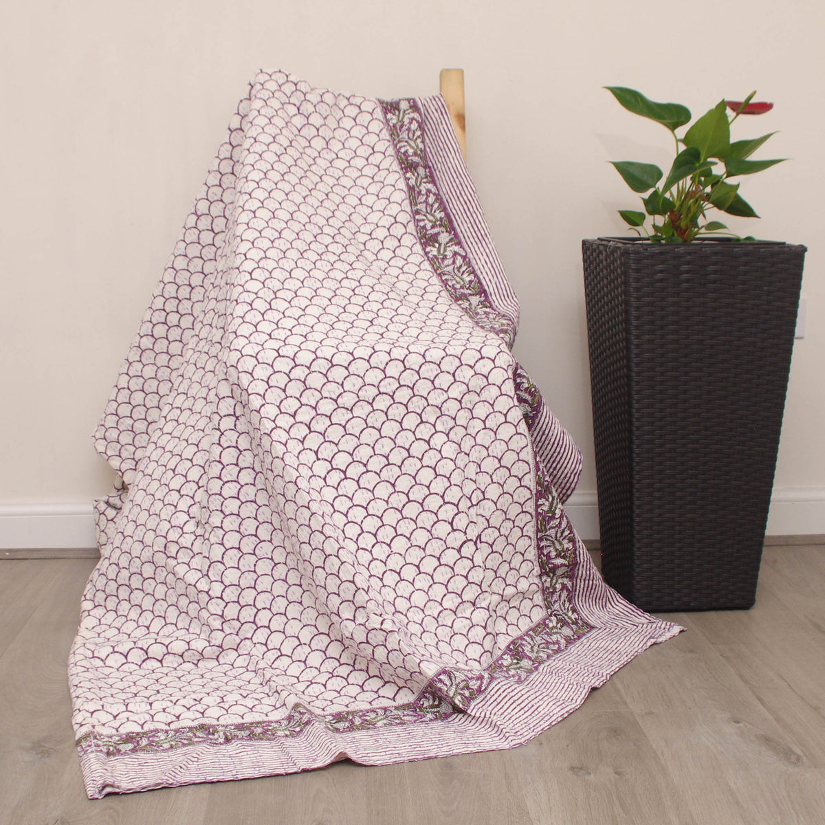 Block Printed Fish Scales Pattern Red Violet & White Queen Indian Kantha Quilt Bedspread