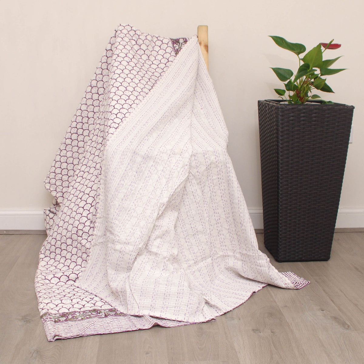 Block Printed Fish Scales Pattern Red Violet & White Queen Indian Kantha Quilt Bedspread