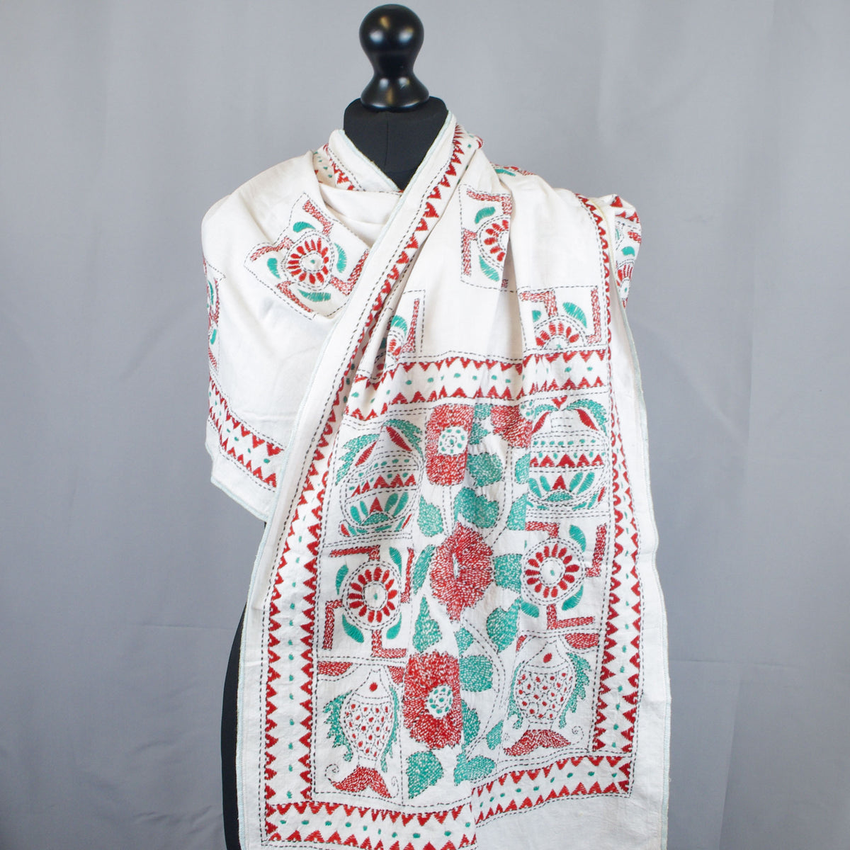 Embroidred Cotton Scarf - Red Swastik Design
