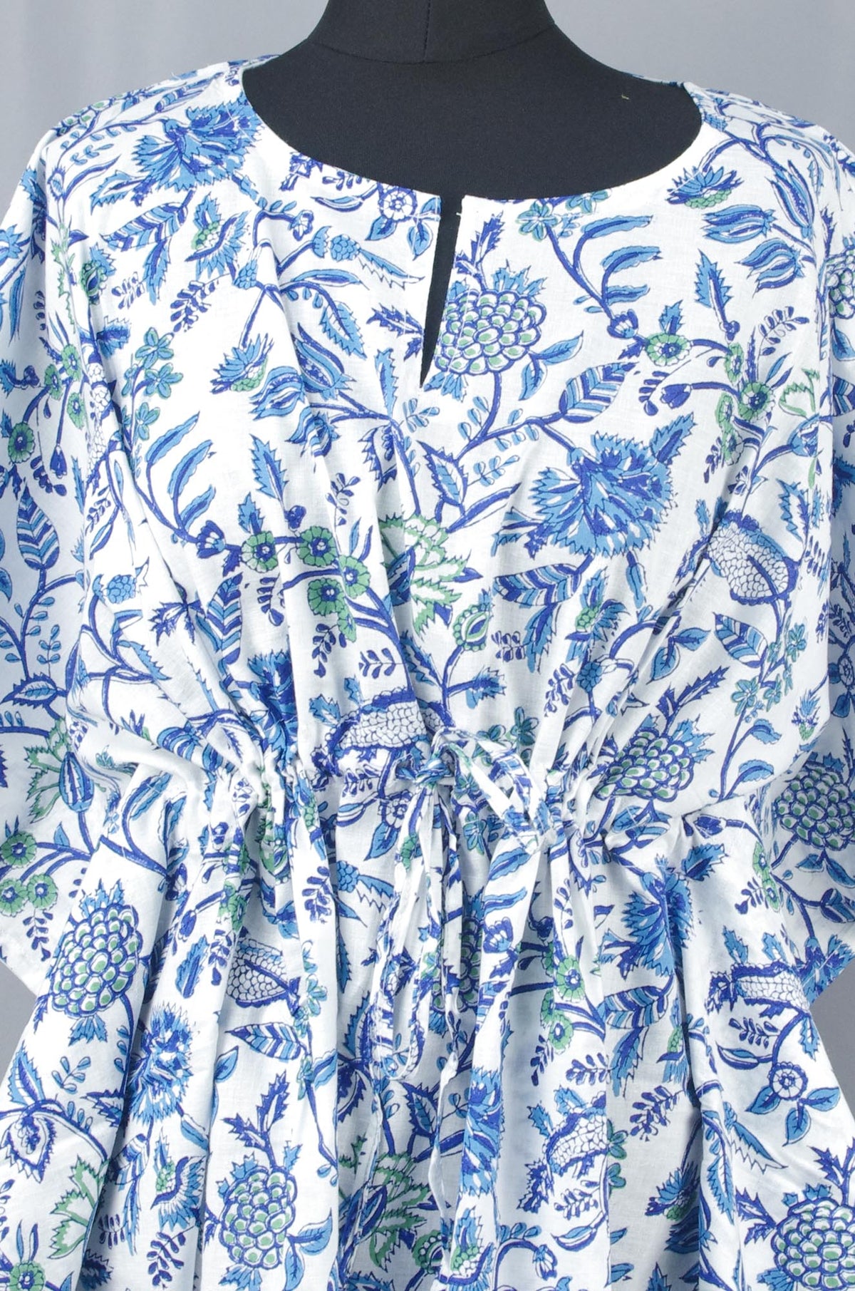 Block Printed Cotton Coverup / Kaftans - White Blue Wildflowers