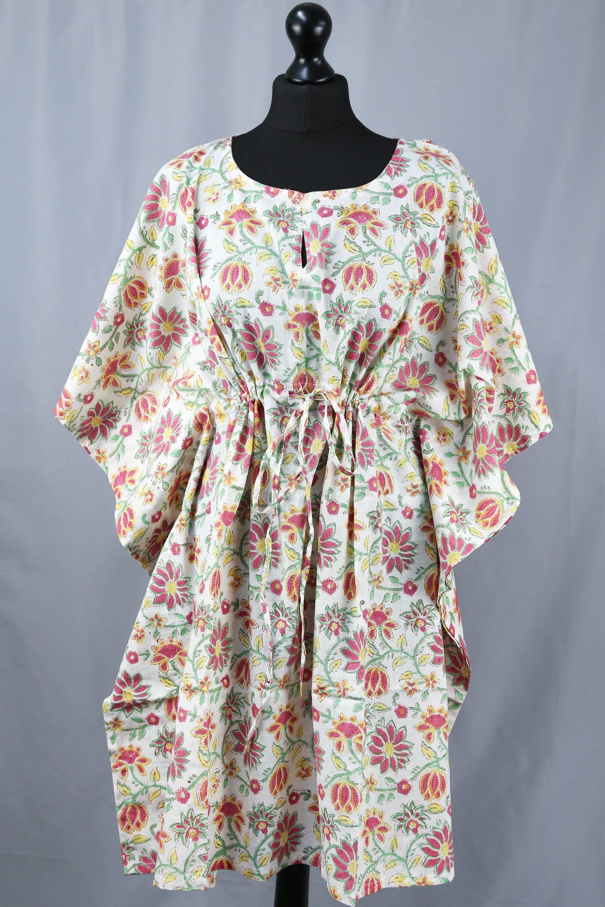 Block Printed Cotton Coverup / Kaftans - Red Floral On Cream Base