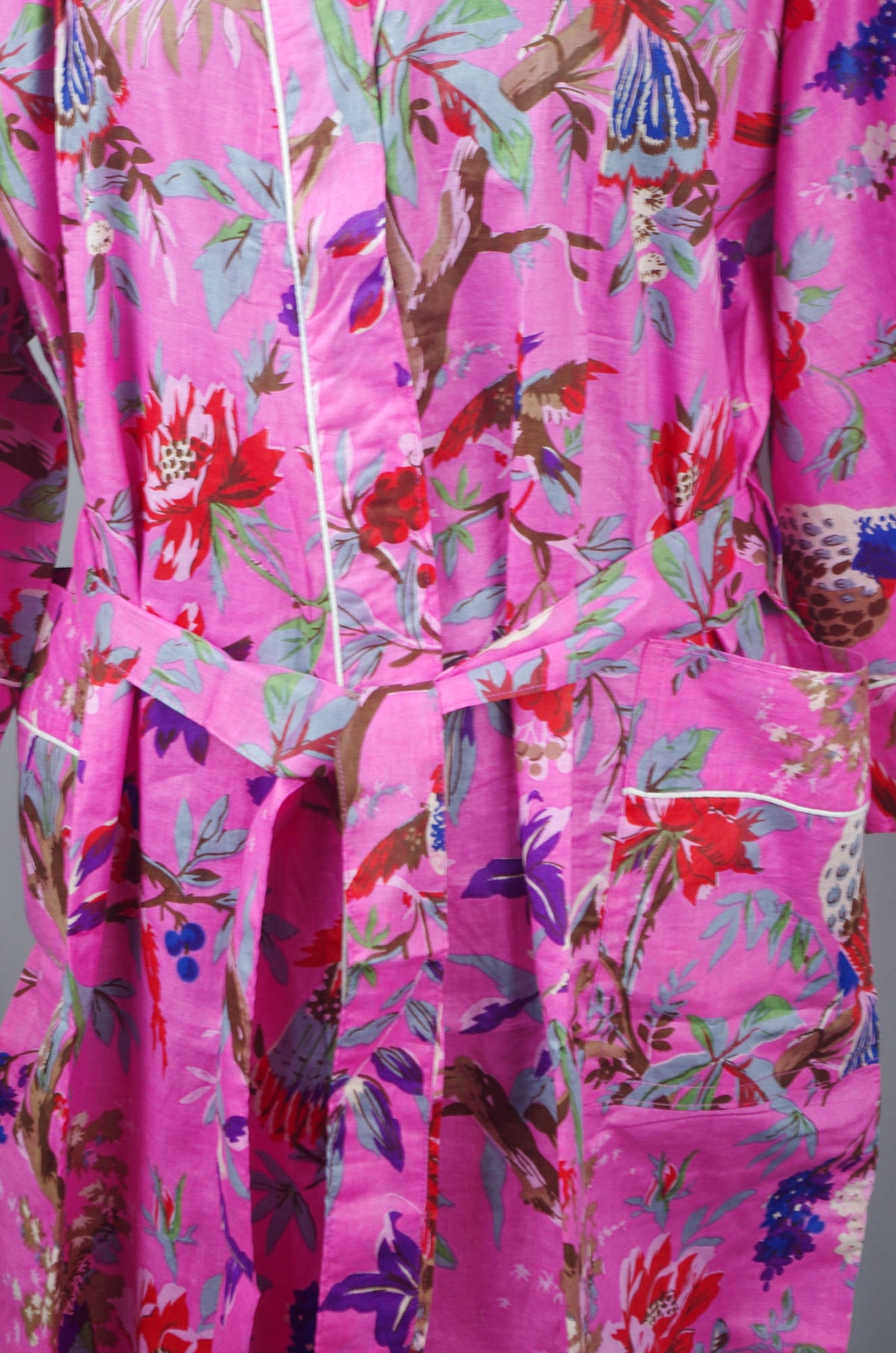 Pink Tropical Birds Print Cotton Kimono Dressing Gown