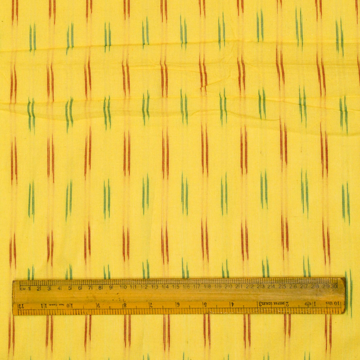 Ikat Hand Woven Cotton Fabric Design - Yellow With Red & Green lines