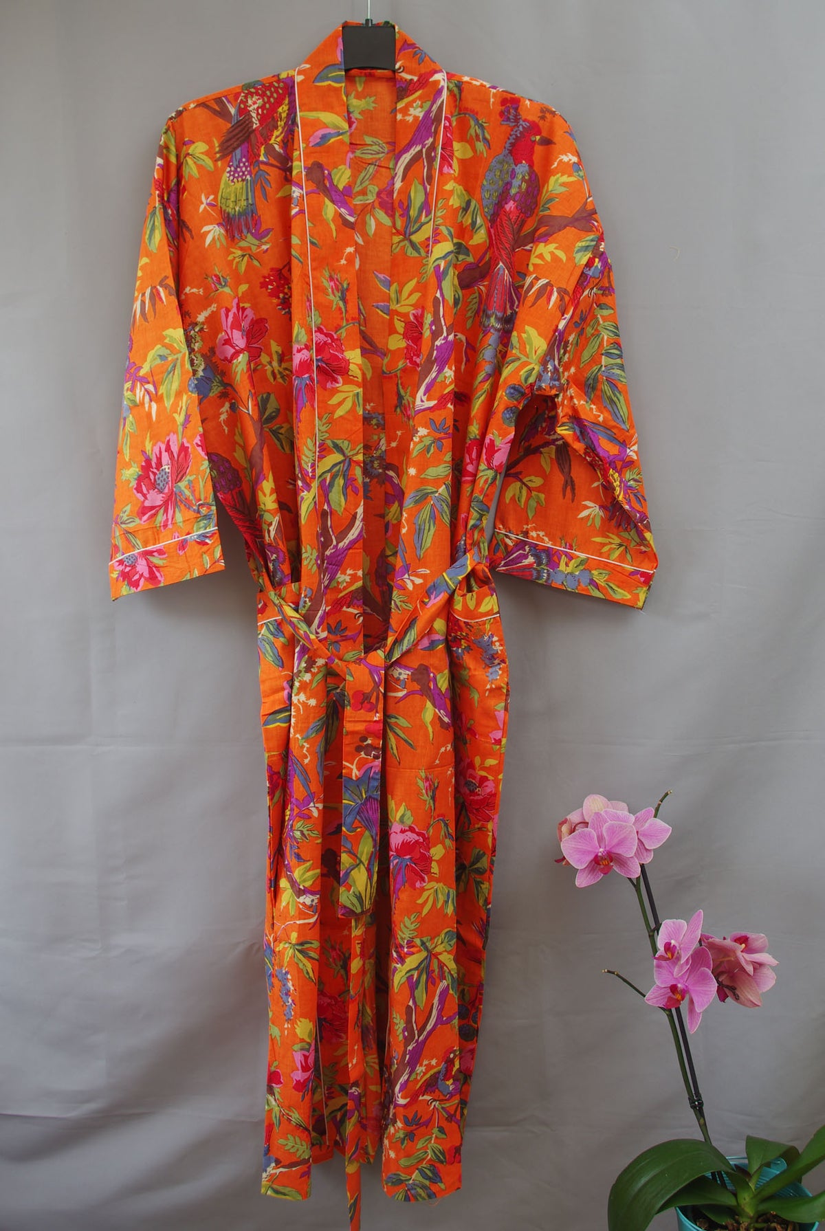 Orange Tropical Birds Print Cotton Kimono Dressing Gown