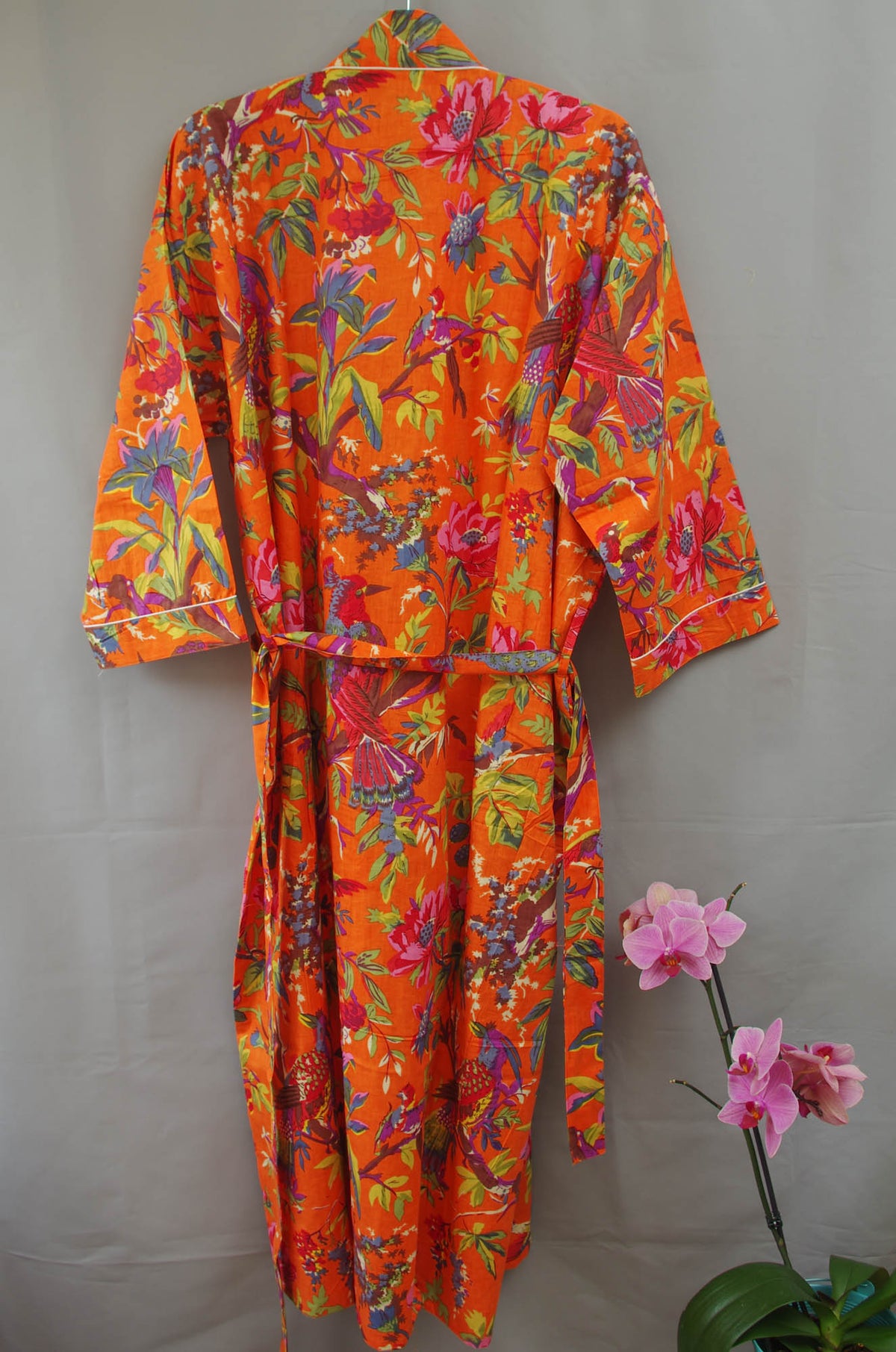 Orange Tropical Birds Print Cotton Kimono Dressing Gown
