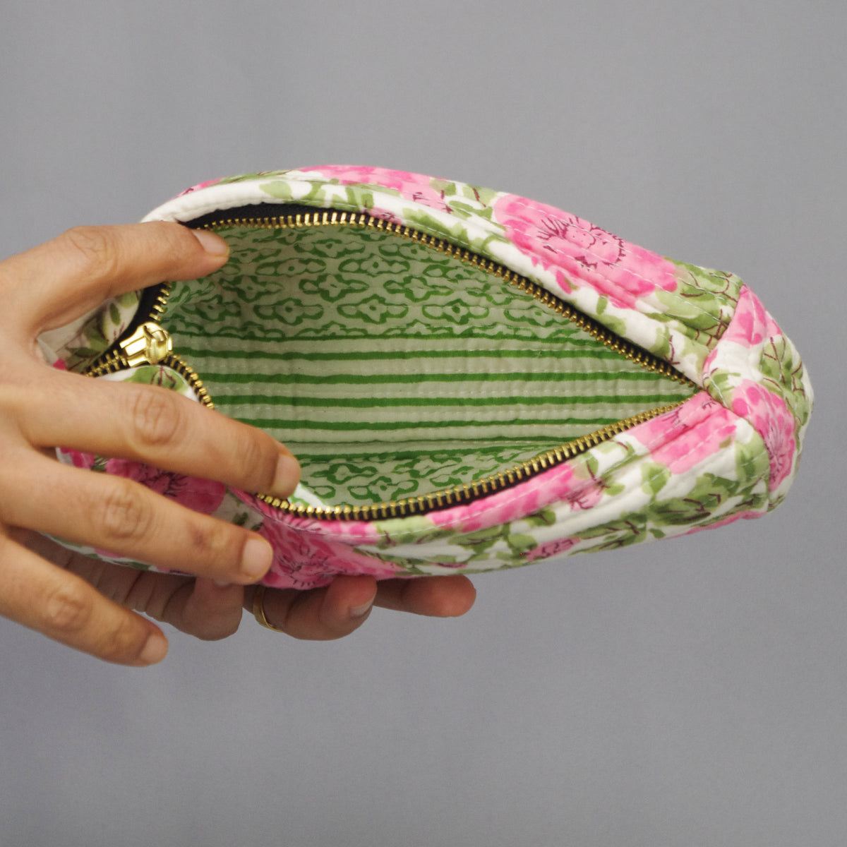 Make-up-Etui oder Federmäppchen mit Blockdruck - Pink Floral