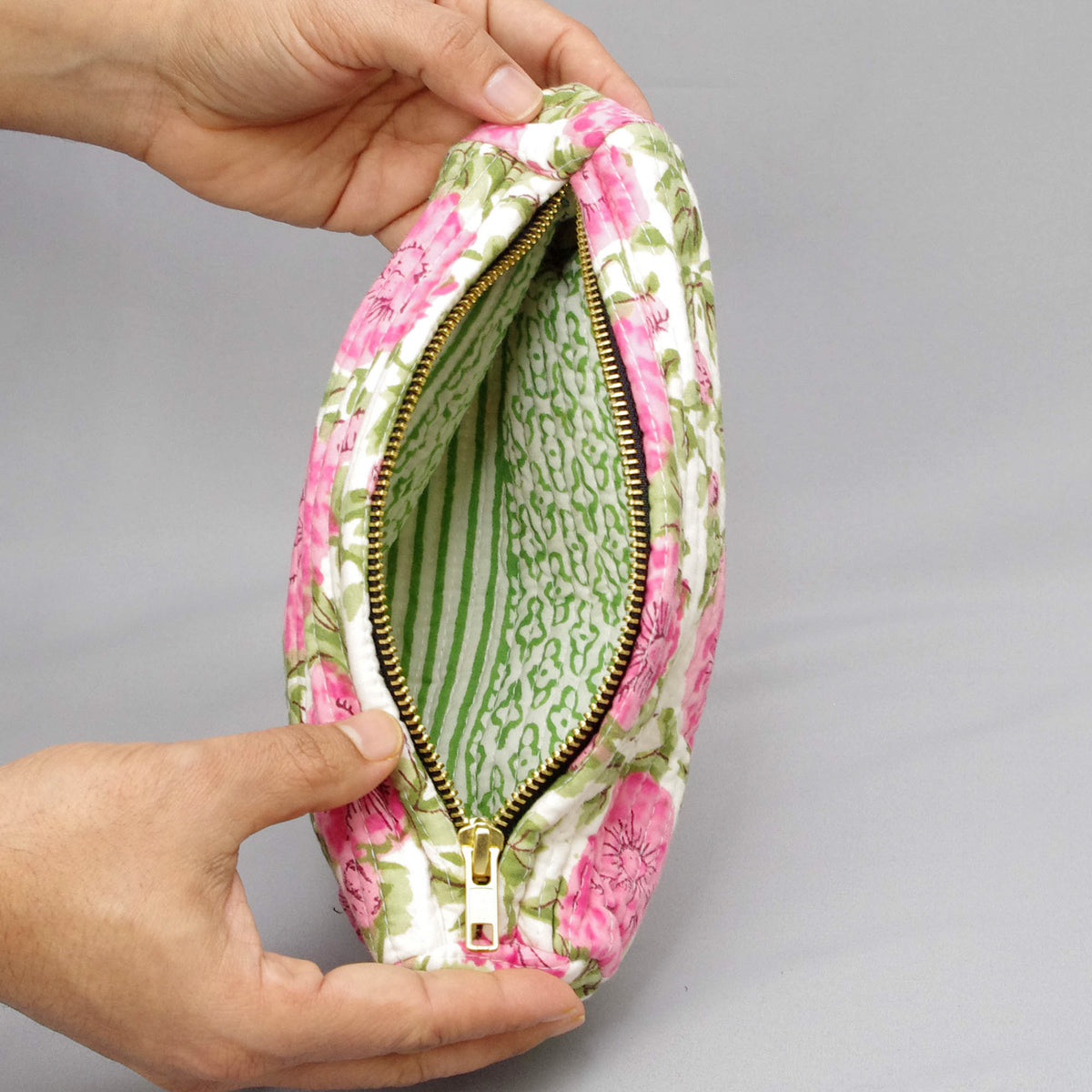 Make-up-Etui oder Federmäppchen mit Blockdruck - Pink Floral