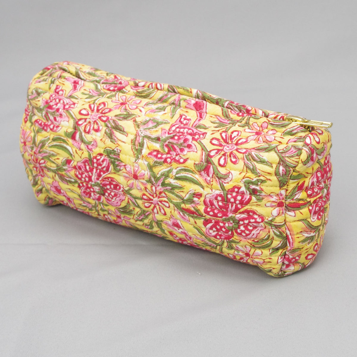 Block Print Makeup Pouch or Pencil Case - Pink Yellow Floral