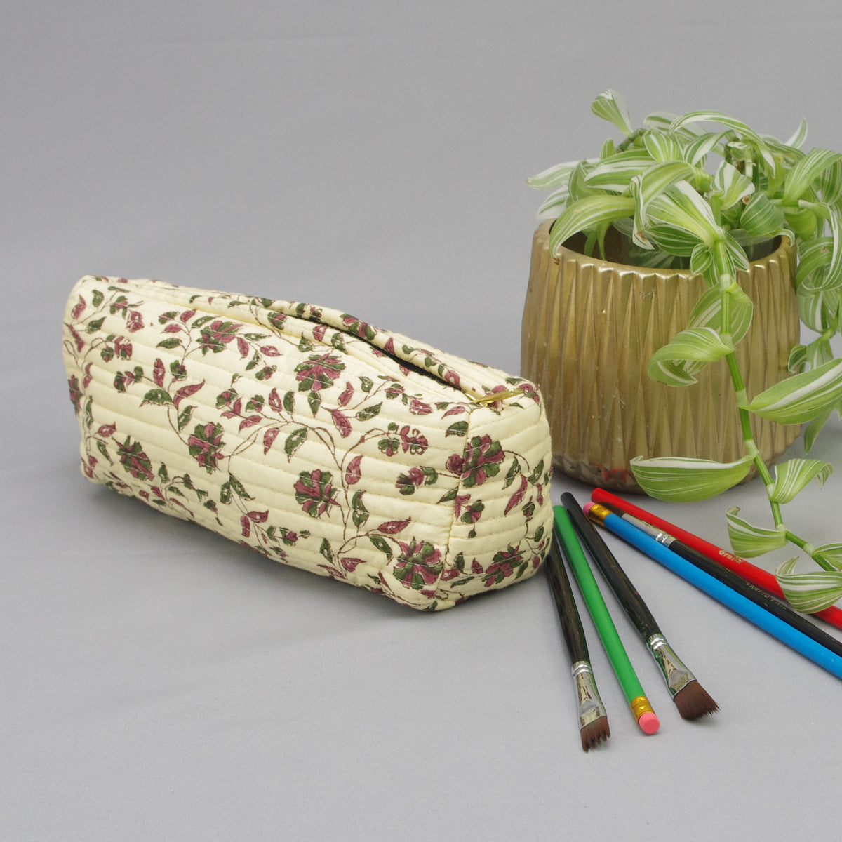 Block Print Round Shape Makeup Pouch or Pencil Case - Calico Floral