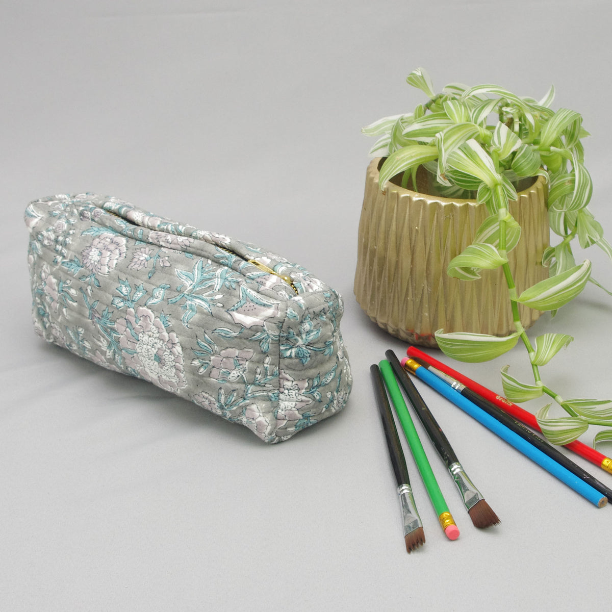 Block Print Makeup Pouch or Pencil Case - Grey Floral