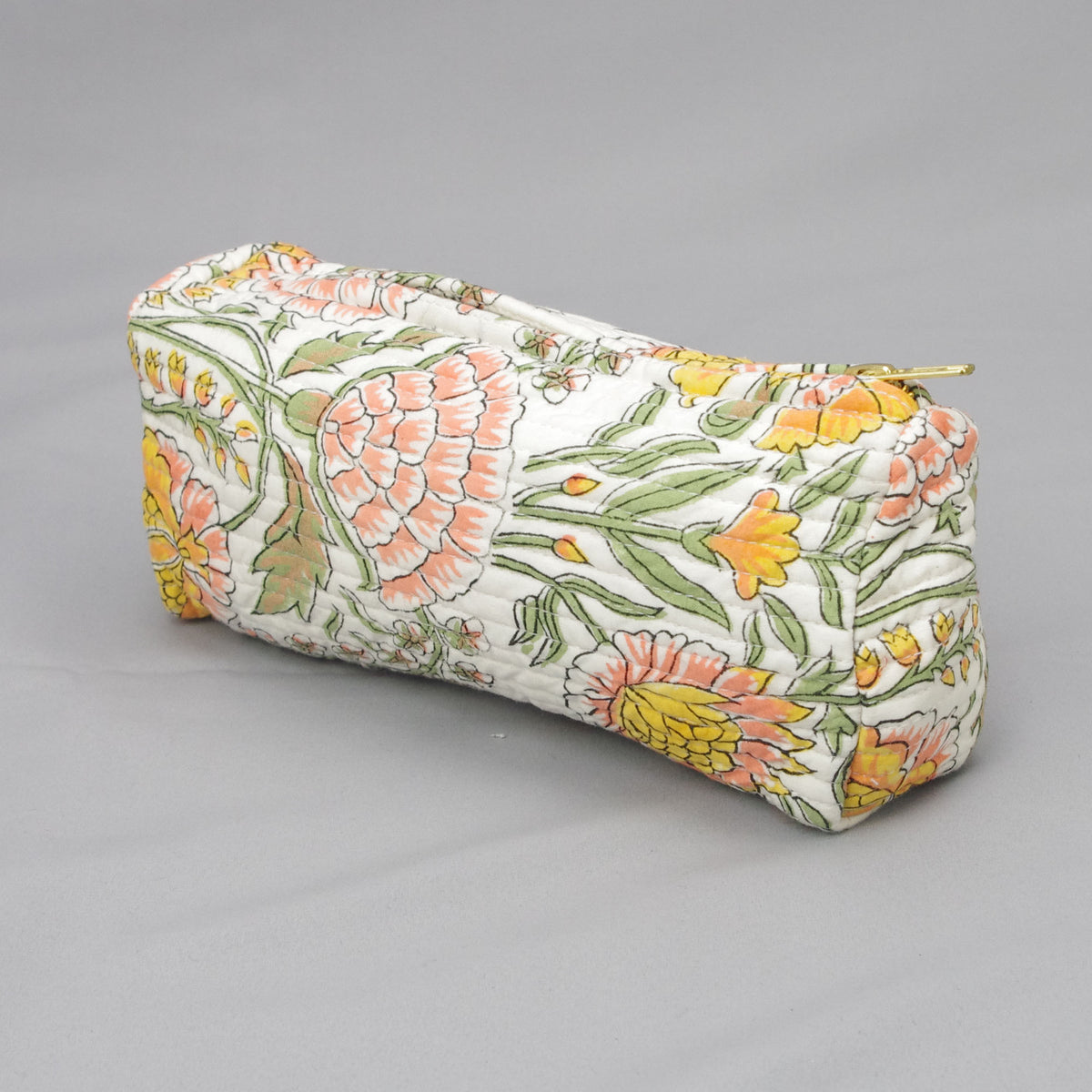 Make-up-Etui oder Federmäppchen mit Blockdruck - Ringelblume auf Weiß