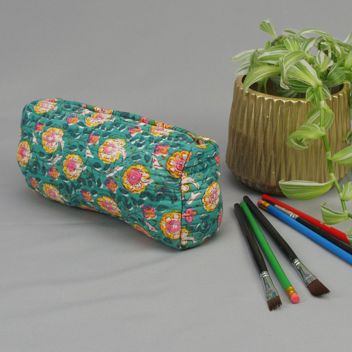 Block Print Makeup Pouch or Pencil Case- Teal Green Floral