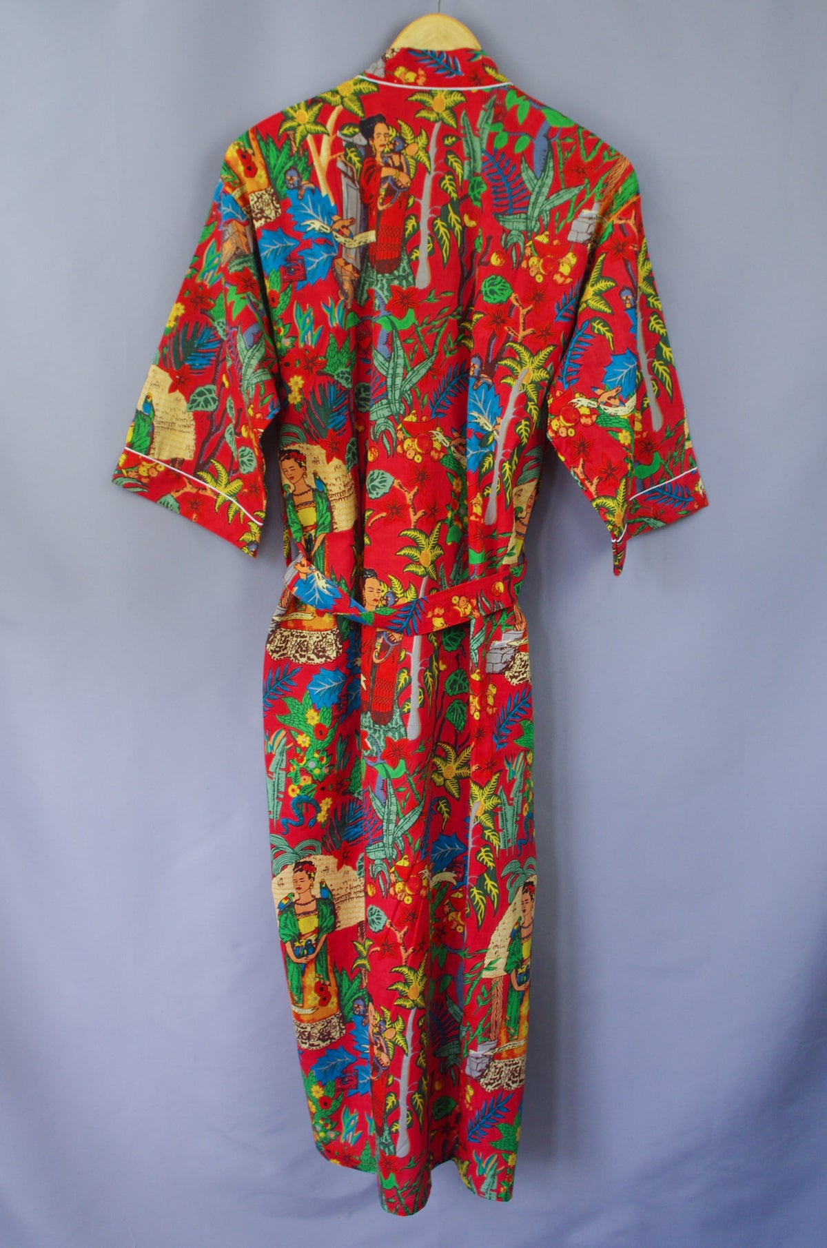 Red Frida Kahlo Floral Print Cotton Kimono Dressing Gown