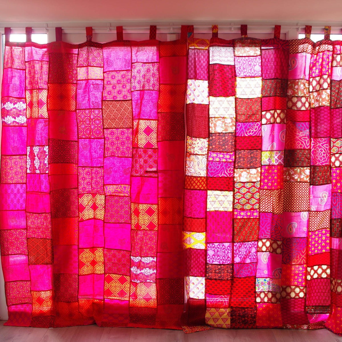 Bohemian Cotton Patchwork Curtains Pair Red/Hot Pink