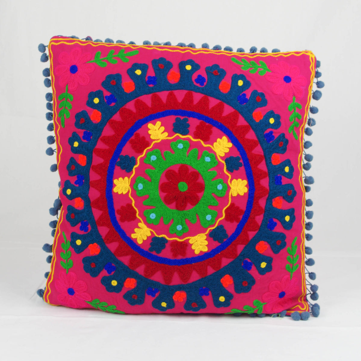 Suzani Woolen Embroidered Cotton Square Cushion Cover - Pink