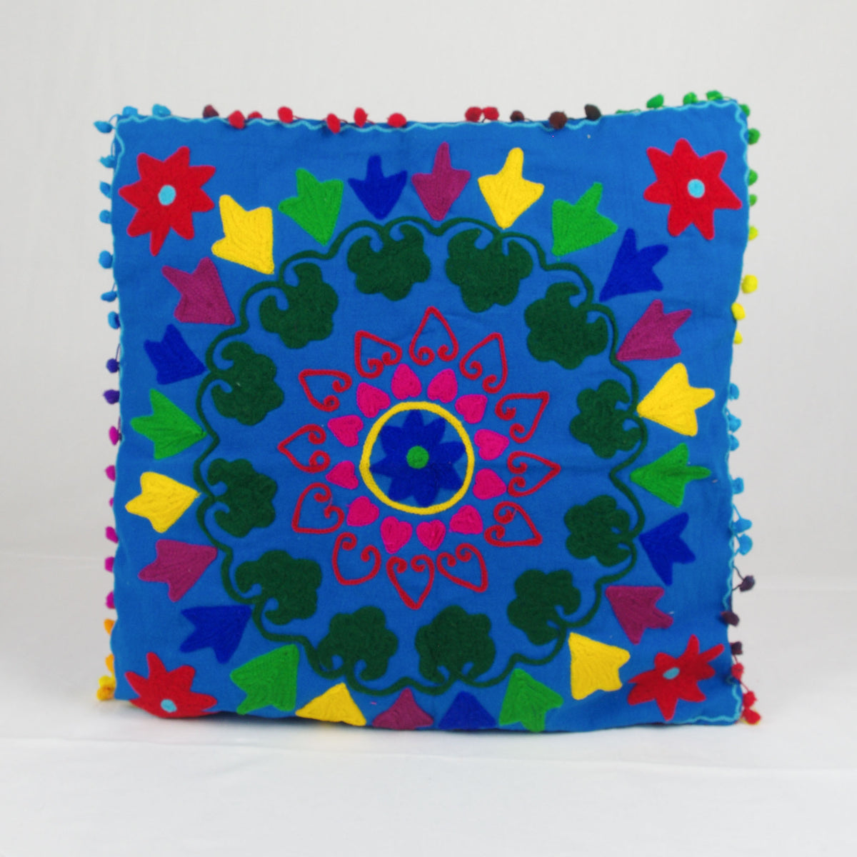 Suzani Woolen Embroidered Cotton Square Cushion Cover With Pom Pom - Blue