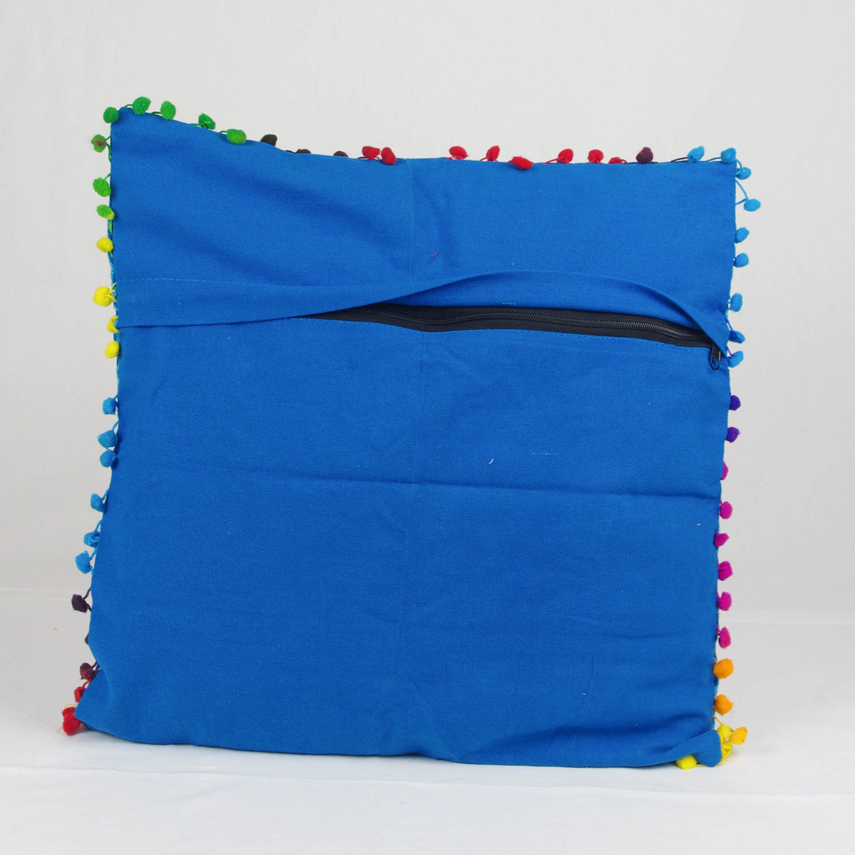 Suzani Woolen Embroidered Cotton Square Cushion Cover With Pom Pom - Blue