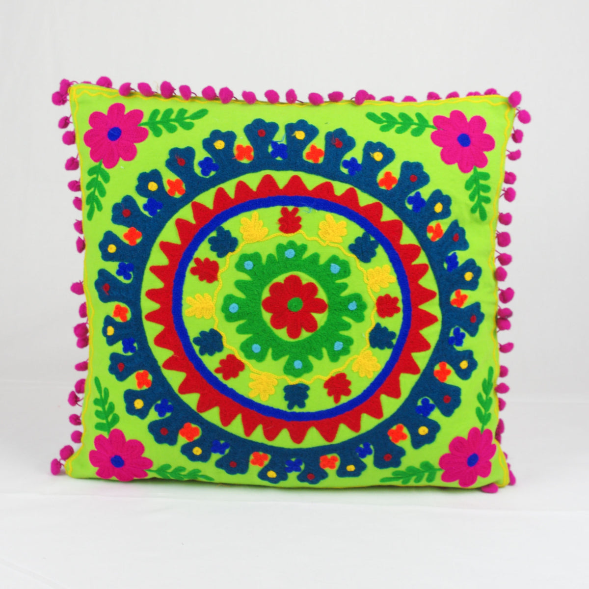 Suzani Woolen Embroidered Cotton Square Cushion Cover - Green