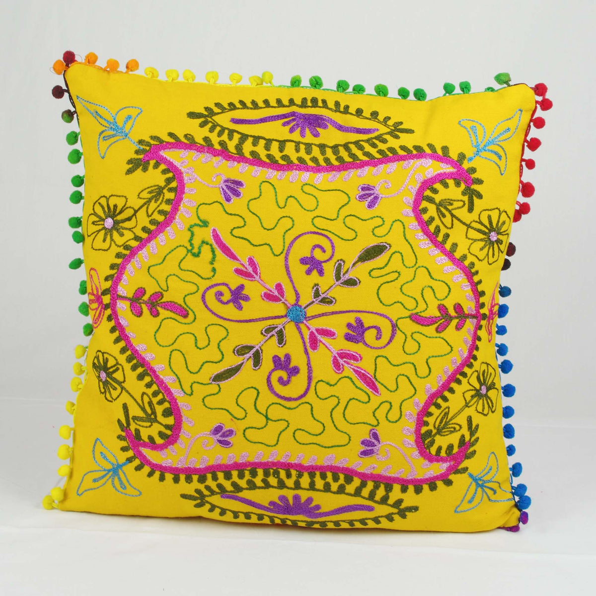 Suzani Woolen Embroidered Cotton Square Cushion Cover - Yellow