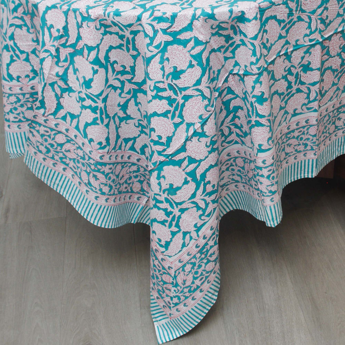 Turquoise Floral Garden Block Printed Rectangle Tablecloth Table Cover