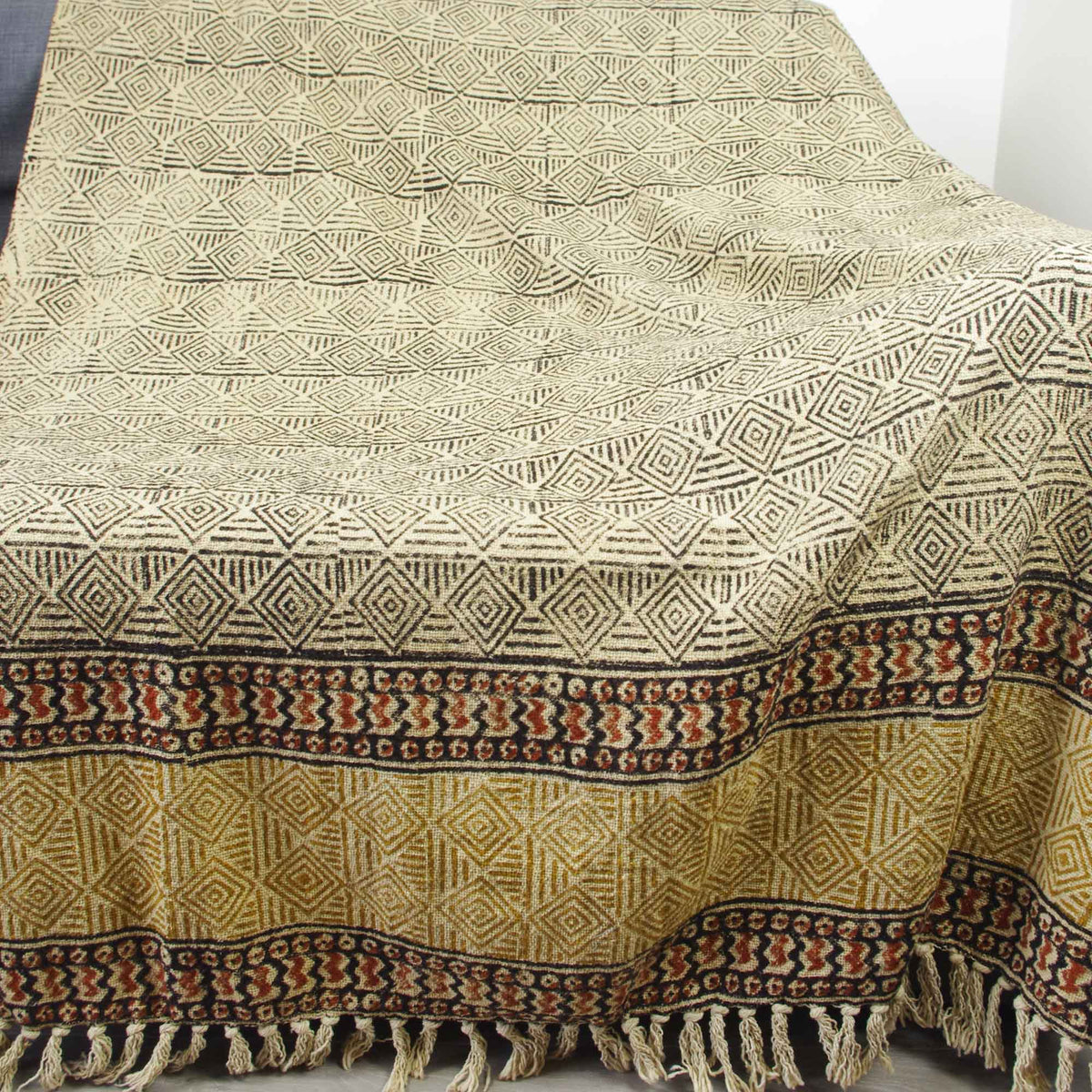 Handloom Mud Cloth Block Printed Cotton Sofa Throw With Tassels -Diamond Pattern