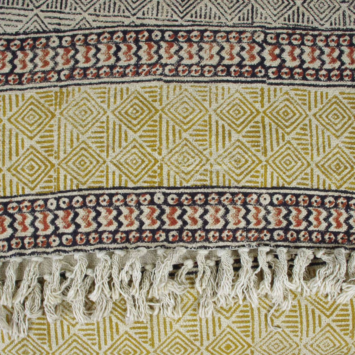 Handloom Mud Cloth Block Printed Cotton Sofa Throw With Tassels -Diamond Pattern