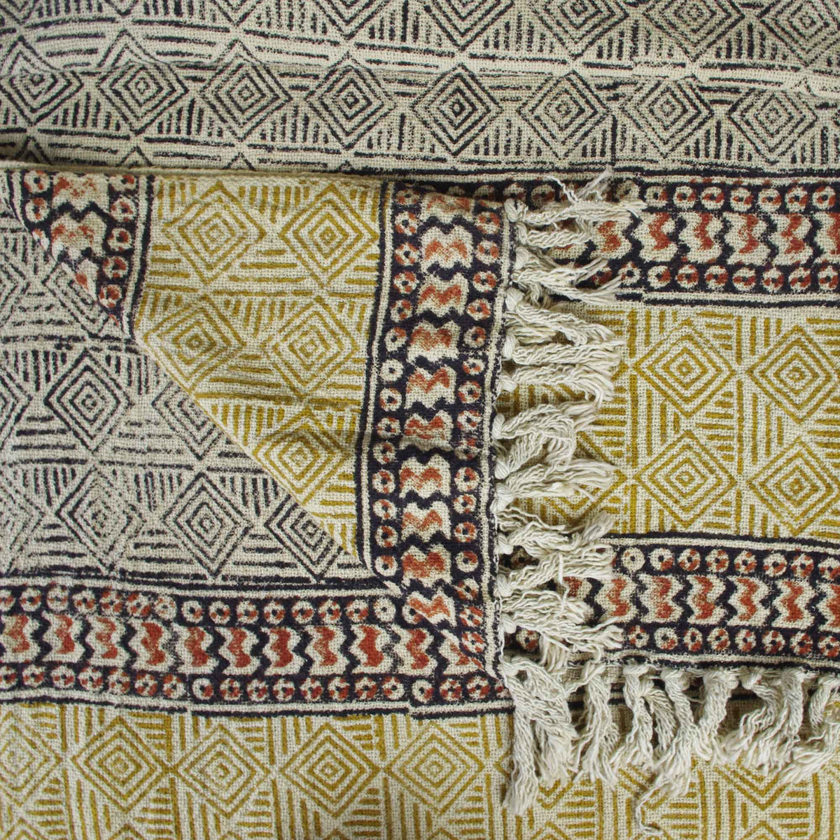Handloom Mud Cloth Block Printed Cotton Sofa Throw With Tassels -Diamond Pattern