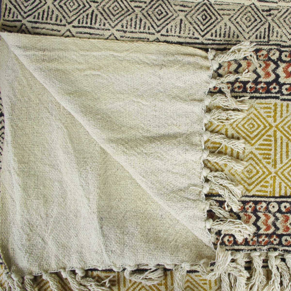 Handloom Mud Cloth Block Printed Cotton Sofa Throw With Tassels -Diamond Pattern