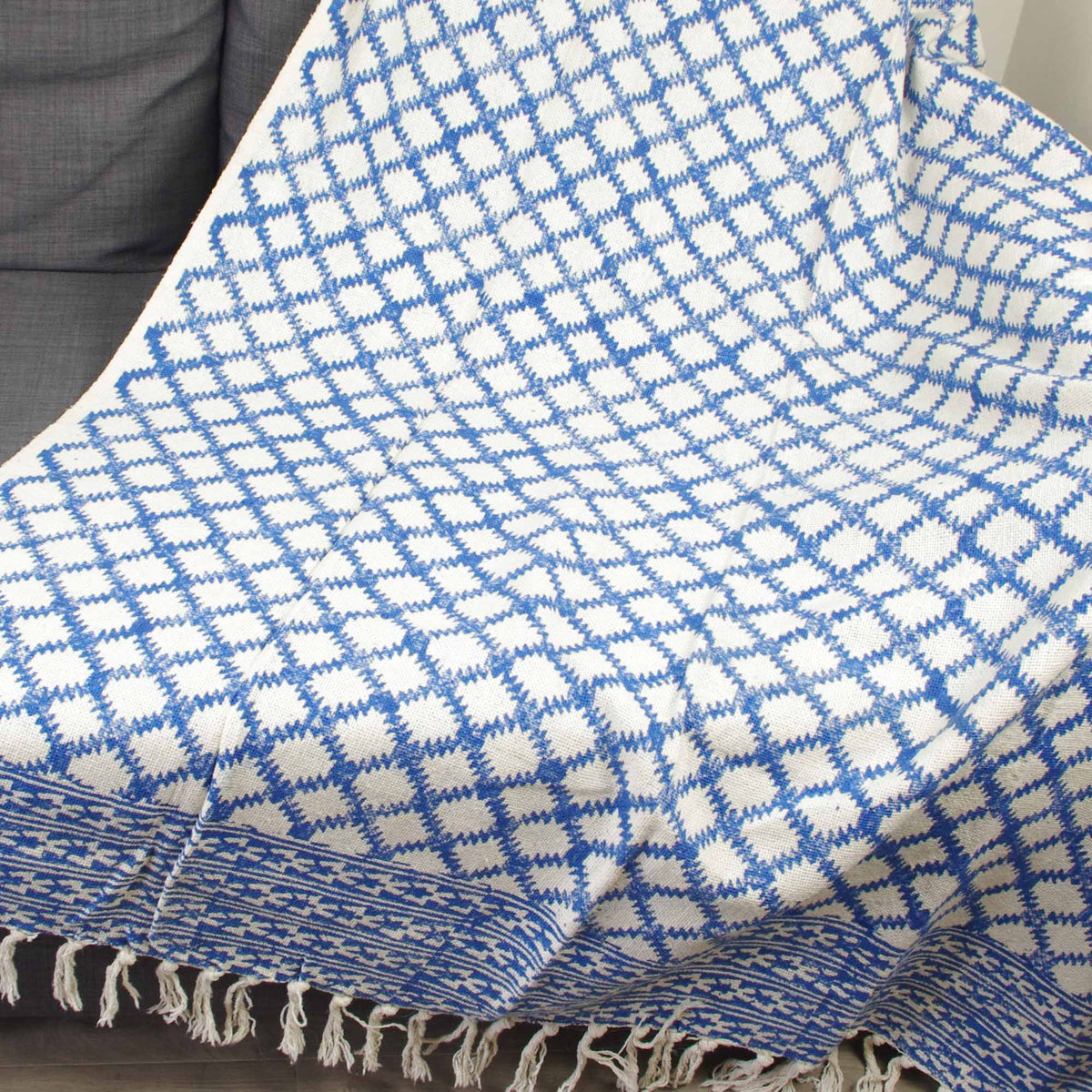 Block Printed Handloom Cotton Sofa Throw With Tassels - Blue White Geometric